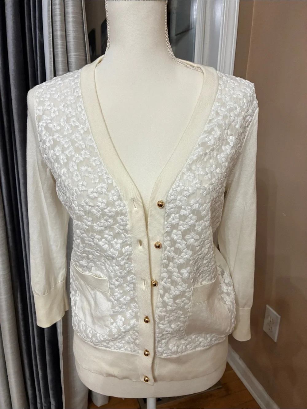 kate spade Cream Floral Knit V-Neck Cardigan with Gold Buttons